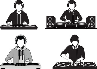 Disc jockey vector illustrations set. A collection of DJs with headphones mixing music for a party or festival.