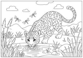 Leopard illustration of a spotted leopard cub drinking water from a pond surrounded by tall grass reeds dragonflies and hills in the background drawn in a playful cartoon black and white vector style
