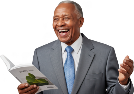 Happy african american senior man laughing while reading book wearing suit portrait png image stock photo isolated on transparent background
