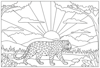 Leopard illustration of a leopard walking gracefully across the grass in a savanna landscape with trees mountains and the sun shining with rays through clouds drawn in a cartoon black and white vector