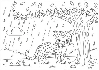 Leopard illustration of a cute leopard cub standing under a tree in the rain with raindrops falling clouds in the sky and bushes in the background drawn in a cartoon black and white vector for kids