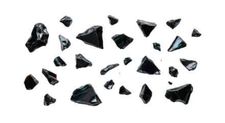 Deep black, iridescent, jagged obsidian fragments scattered on a transparent background, studio light creating crisp shadows and subtle bokeh, abstract deconstruction concept