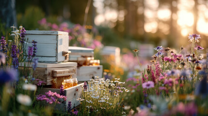 A serene scene of wooden beehives surrounded by vibrant wildflowers, illuminated by soft sunlight in a tranquil setting.