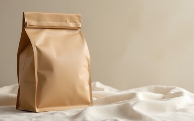 Brown Kraft Paper Pouch on Beige Linen Fabric. High quality
