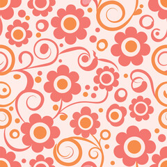 Retro floral pattern with swirling vines and coral flowers on light background, seamless pattern, royalty stock.