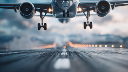 A close-up view of an airplane landing on a runway, showcasing the landing gear and engines against a blurred background.