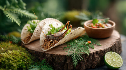 Delicious tacos garnished with fresh herbs, served on a wooden platter alongside a bowl of salsa and lime, set amidst greenery.