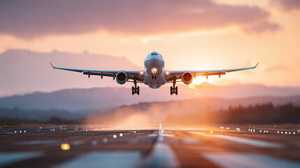 Airplane taking off against a vibrant sunset, with mountains in the background, creating a dynamic travel scene.