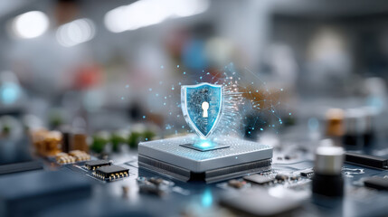 Digital illustration of a microprocessor with a security shield symbol, representing technology and cybersecurity concepts in a modern environment.