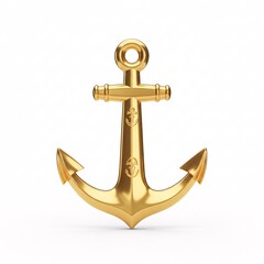 A golden shiny nautical anchor, isolated on a white