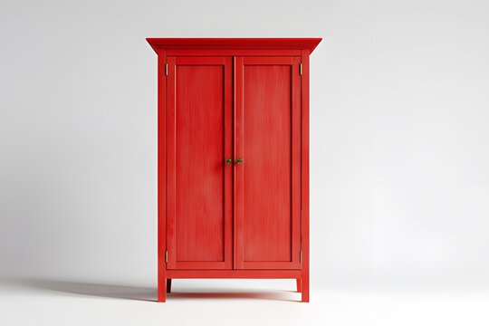 Vintage red wooden wardrobe with distressed finish and open doors, featuring brass handles and two bottom drawers on white background