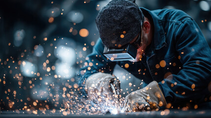 A focused welder creates sparks in a dynamic industrial setting, showcasing the intensity and craftsmanship of metalwork.