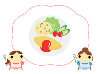 朝食メニューを紹介するエプロン姿の女性　オムレツ