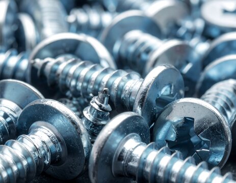 Close-up view of many metallic screws with their heads and threads in sharp focus, showcasing a detailed texture and a cool, industrial aesthetic.
