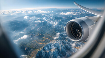 Aerial view from an airplane window, showcasing a landscape of mountains and clouds alongside the aircraft's engine.