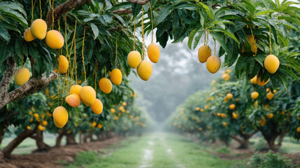 A lush mango orchard filled with ripe, yellow mangoes hanging from branches, surrounded by green foliage and a misty atmosphere.