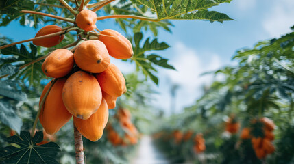 Papaya fruit hanging on a tree with a blurred background of more papayas in a sunny environment.