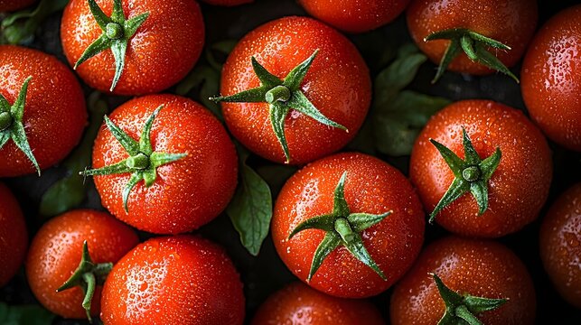 Close up overhead view of fresh ripe red tomatoes with water droplets and green stems presented vibrantly