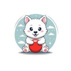 Cute White Samoyed Puppy with Red Ball Vector Illustration