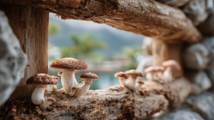 Mushrooms grow in a rustic setting, framed by a wooden structure, showcasing nature's beauty and the intricate details of fungi.