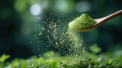 A spoonful of green powder is sprinkled over lush greenery, creating a sense of freshness and vitality in a vibrant, natural setting.