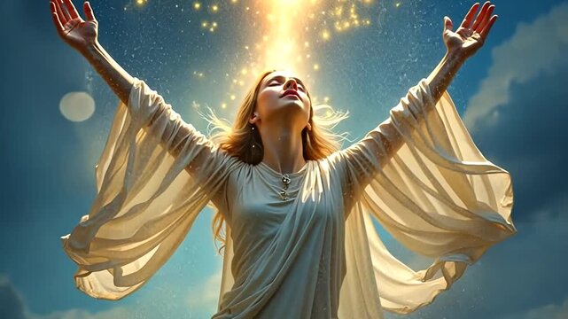 A serene woman in a white robe raises her arms to a celestial light in a cloudy sky, embracing a moment of spiritual awakening and divine connection.