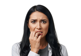 Worried woman biting nails anxious stressed frustrated fearful upset nervous concerned isolated on transparent background
