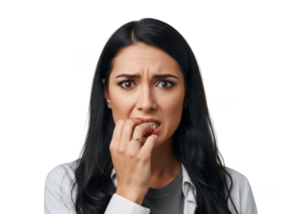 Worried woman biting nails anxious stressed frustrated fearful upset nervous concerned isolated on transparent background