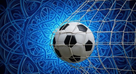 Illustration of a soccer ball is caught in a net with a blue abstract background, creating a visually striking image