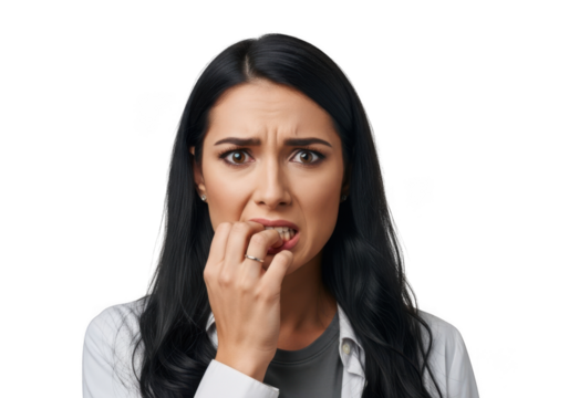 Worried woman biting nails anxious stressed frustrated fearful upset nervous concerned isolated on transparent background - Powered by Adobe