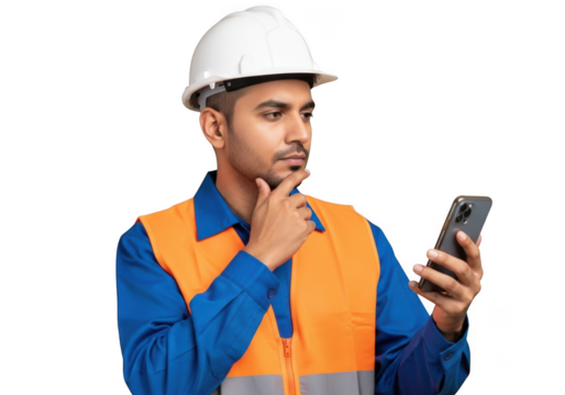 Pensive construction worker inspecting plans on smartphone wearing hardhat and safety vest, building inspector, architect, engineer, isolated on transparent background