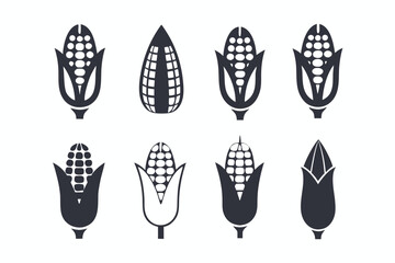 Eight Corn Icon Collection Vector, Black Corn Cob Outline on White Background