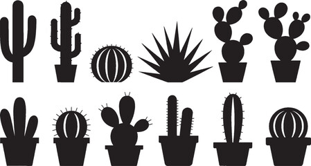 Set of black silhouette cacti and succulent plants in pots and free-standing, minimalistic botanical vector illustrations.