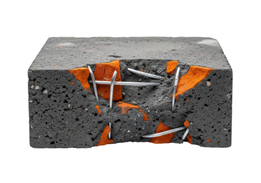 Rugged charcoal grey recycled concrete slab with orange brick and silver rebar, isolated on white background, copy space, concept of urban resilience and reclaimed utility