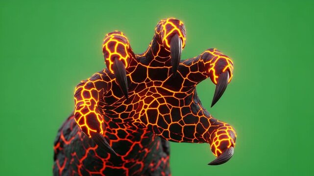 Fiery Claw Reaches Out: Animated Lava Monster Hand on Green Screen
