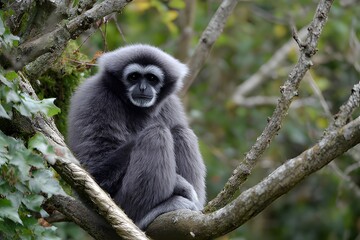 Naklejka premium Agile gibbon monkey sitting on a tree branch in dense tropical forest, captured in natural habitat with soft daylight