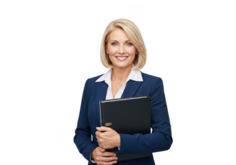 Professional businesswoman smiling holding file folder in blue suit stock photo image portrait isolated on transparent background
