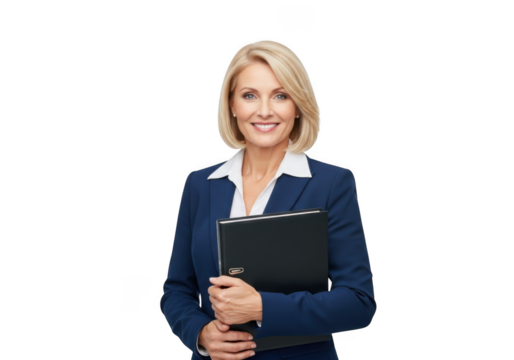 Professional businesswoman smiling holding file folder in blue suit stock photo image portrait isolated on transparent background