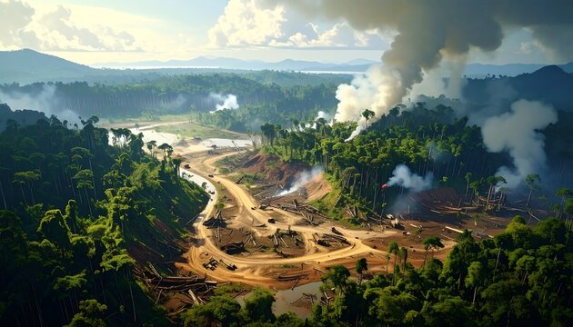 A vast expanse of rainforest, ravaged by deforestation, reveals a network of clear-cut areas and smoke plumes billowing into the sky.