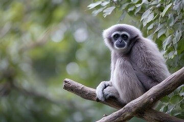 Obraz premium Agile gibbon monkey sitting on a tree branch in dense tropical forest, captured in natural habitat with soft daylight