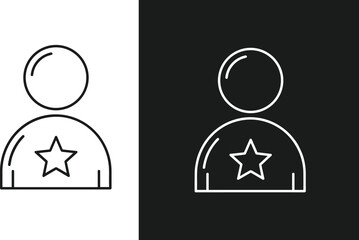 Minimalist outline avatar with star symbol on chest, black and white user profile icon, identity, recognition, achievement, success concept.