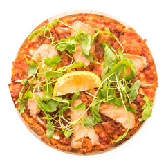 Pizza smoked salmon on white background