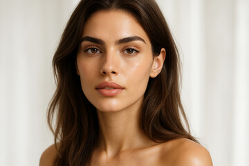 Fototapeta premium Woman smiling while touching her flawless glowy skin with copy space for your advertisement, skincare 