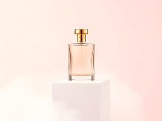 Transparent Perfume Bottle on Floating Cube, Soft Mist Minimal Aesthetic.