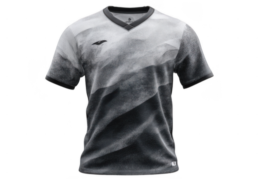 A black and white short-sleeve sports jersey with a gradient dot pattern and a V-neck design.