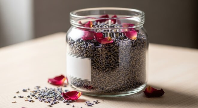 A glass jar filled with dried lavender and rose petals featuring a blank label showcasing a relaxing spa atmosphere perfect for aromatherapy - Powered by Adobe