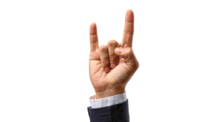 Man’s hand showing okay, victory, and peace signs on white background.