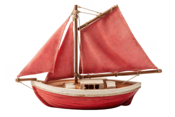 A detailed miniature wooden sailboat with red sails and a white and red hull, showcasing intricate rigging and craftsmanship.