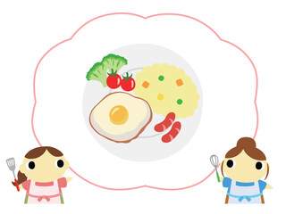 朝食メニューを紹介するエプロン姿の女性　目玉焼き