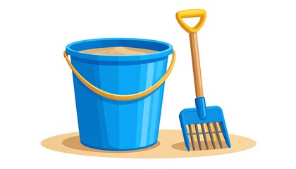 Blue bucket and shovel on sand